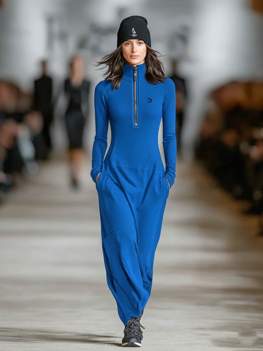 VESTIDO LARGO HOLGADO DE MUJER, CUELLO MEDIO ALTO Y CREMALLERA
