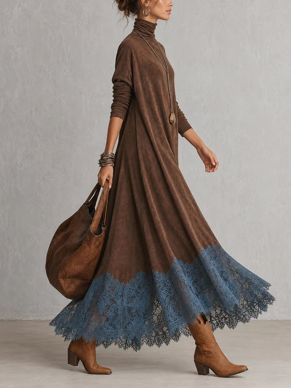 VESTIDO LARGO VINTAGE DE MANGA LARGA CON BAJO DE ENCAJE Y TACTO DE ANTE MARRÓN