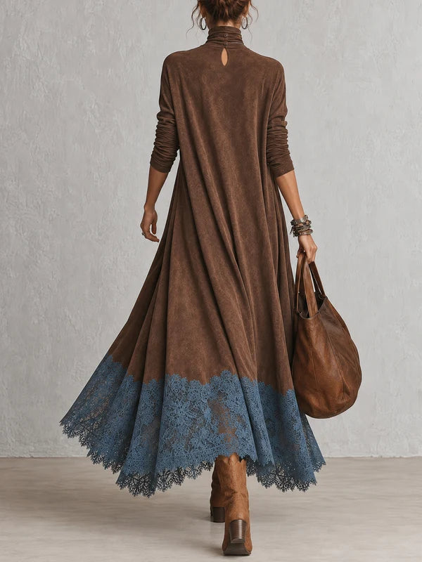 VESTIDO LARGO VINTAGE DE MANGA LARGA CON BAJO DE ENCAJE Y TACTO DE ANTE MARRÓN