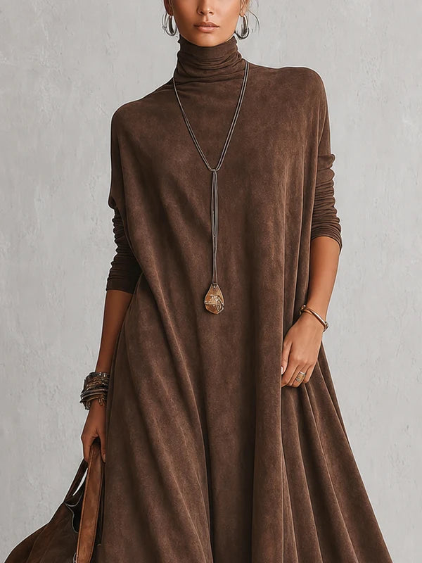 VESTIDO LARGO VINTAGE DE MANGA LARGA CON BAJO DE ENCAJE Y TACTO DE ANTE MARRÓN