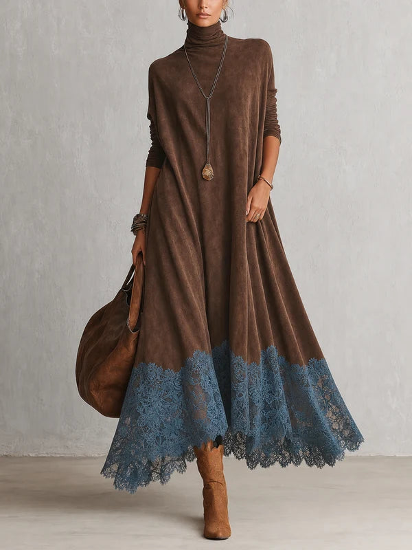 VESTIDO LARGO VINTAGE DE MANGA LARGA CON BAJO DE ENCAJE Y TACTO DE ANTE MARRÓN