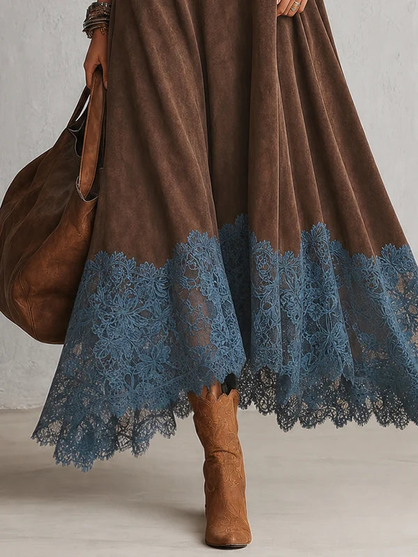 VESTIDO LARGO VINTAGE DE MANGA LARGA CON BAJO DE ENCAJE Y TACTO DE ANTE MARRÓN