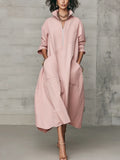 Vestido largo de algodón rosa grisáceo estilo camisa con bolsillos