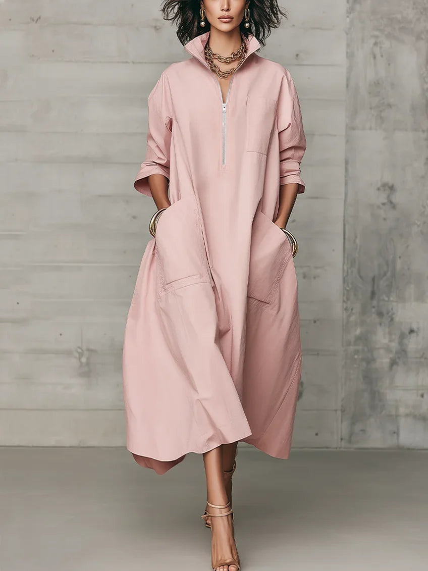 Vestido largo de algodón rosa grisáceo estilo camisa con bolsillos