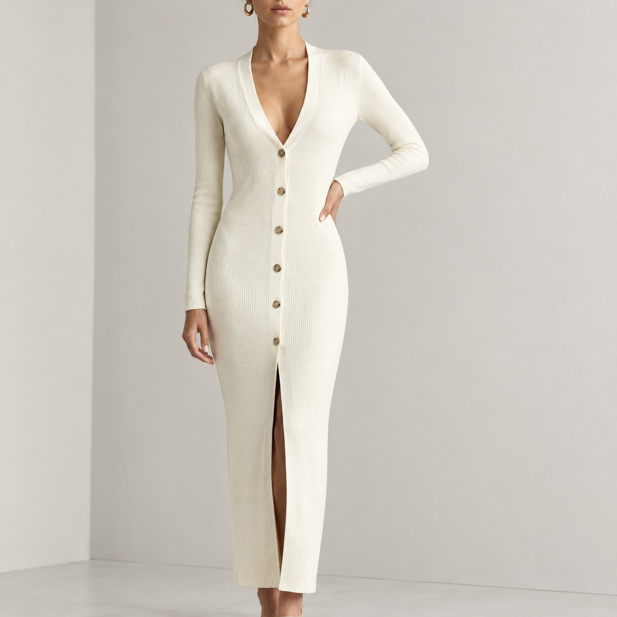 Vestido Midi de Punto Elegante Cuello en V