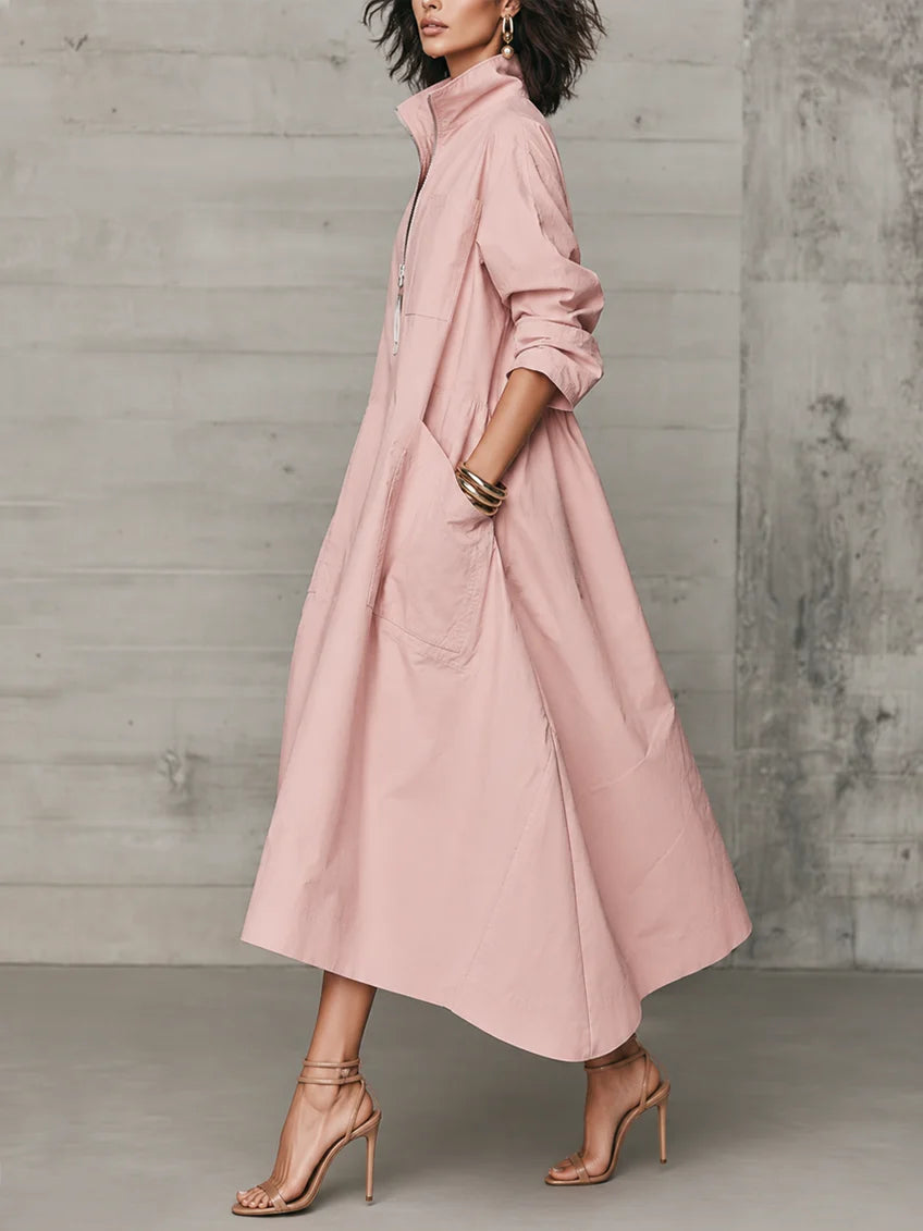 Vestido largo de algodón rosa grisáceo estilo camisa con bolsillos
