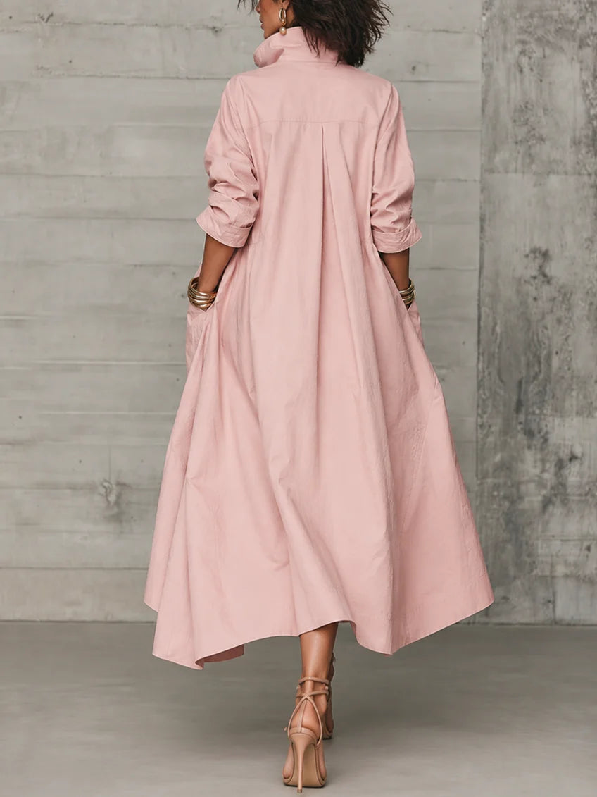 Vestido largo de algodón rosa grisáceo estilo camisa con bolsillos