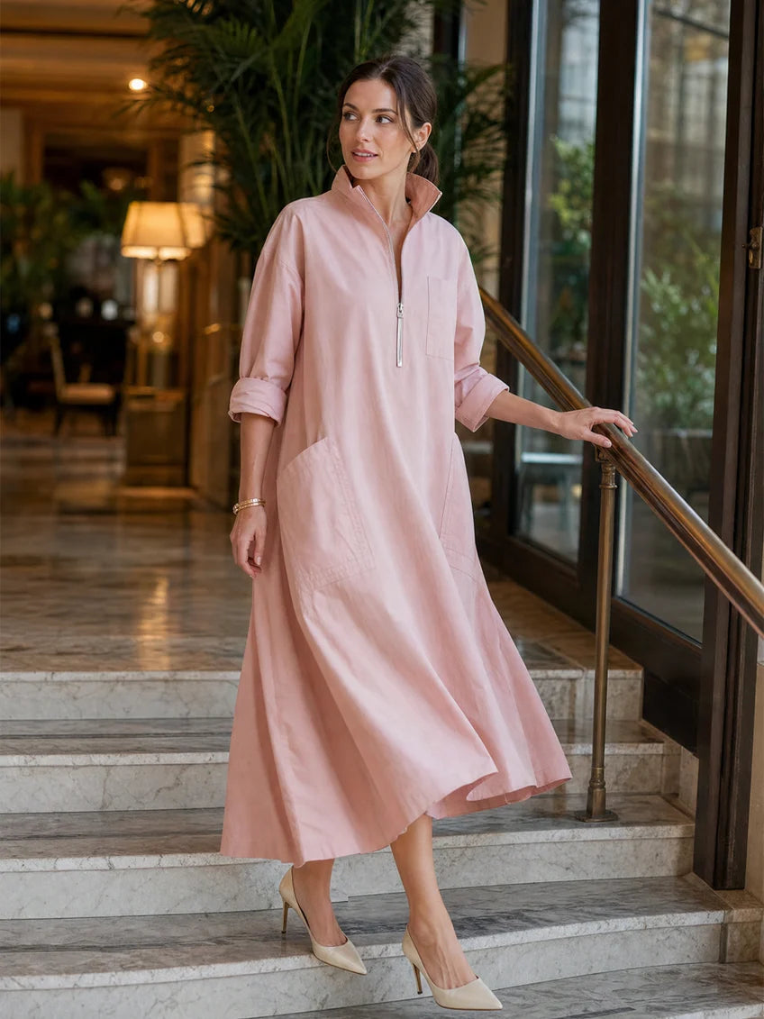 Vestido largo de algodón rosa grisáceo estilo camisa con bolsillos
