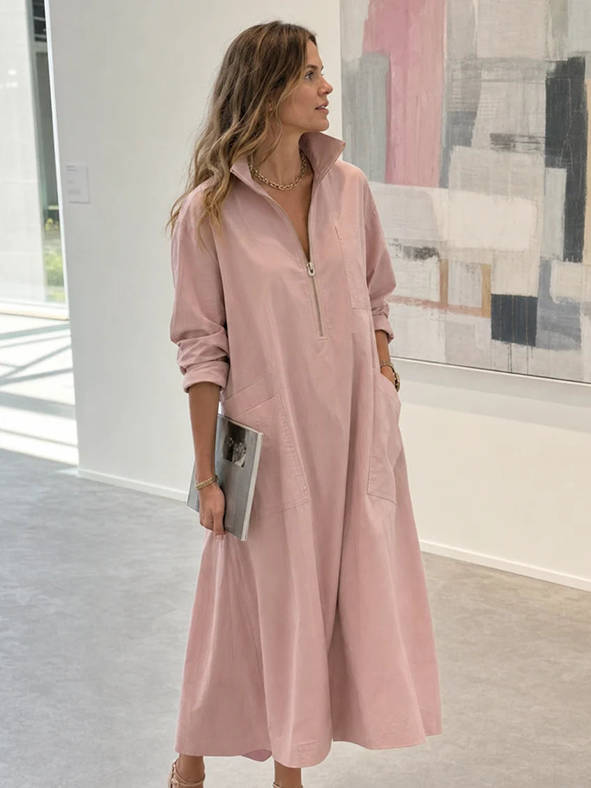 Vestido largo de algodón rosa grisáceo estilo camisa con bolsillos