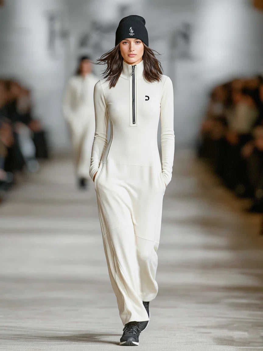VESTIDO LARGO HOLGADO DE MUJER, CUELLO MEDIO ALTO Y CREMALLERA