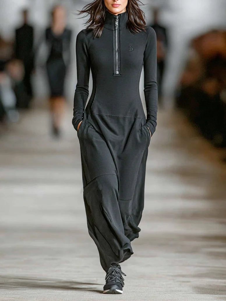 VESTIDO LARGO HOLGADO DE MUJER, CUELLO MEDIO ALTO Y CREMALLERA