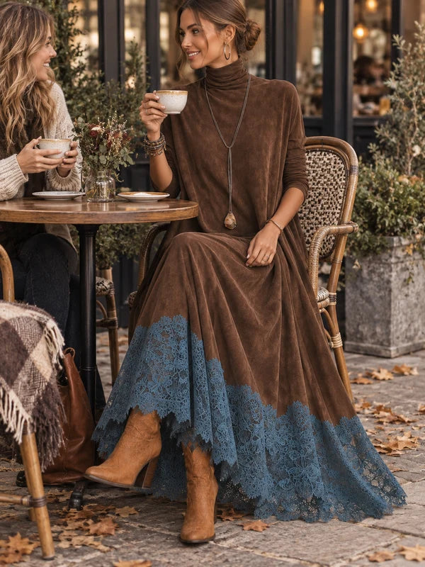 VESTIDO LARGO VINTAGE DE MANGA LARGA CON BAJO DE ENCAJE Y TACTO DE ANTE MARRÓN