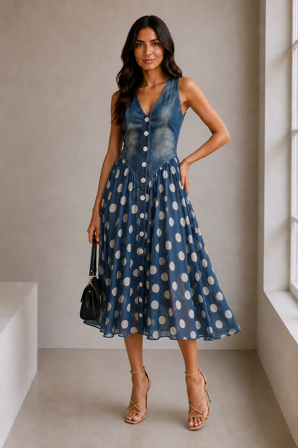JASMIN - VESTIDO DENIM CON FALDA DE CHIFÓN DE LUNARES