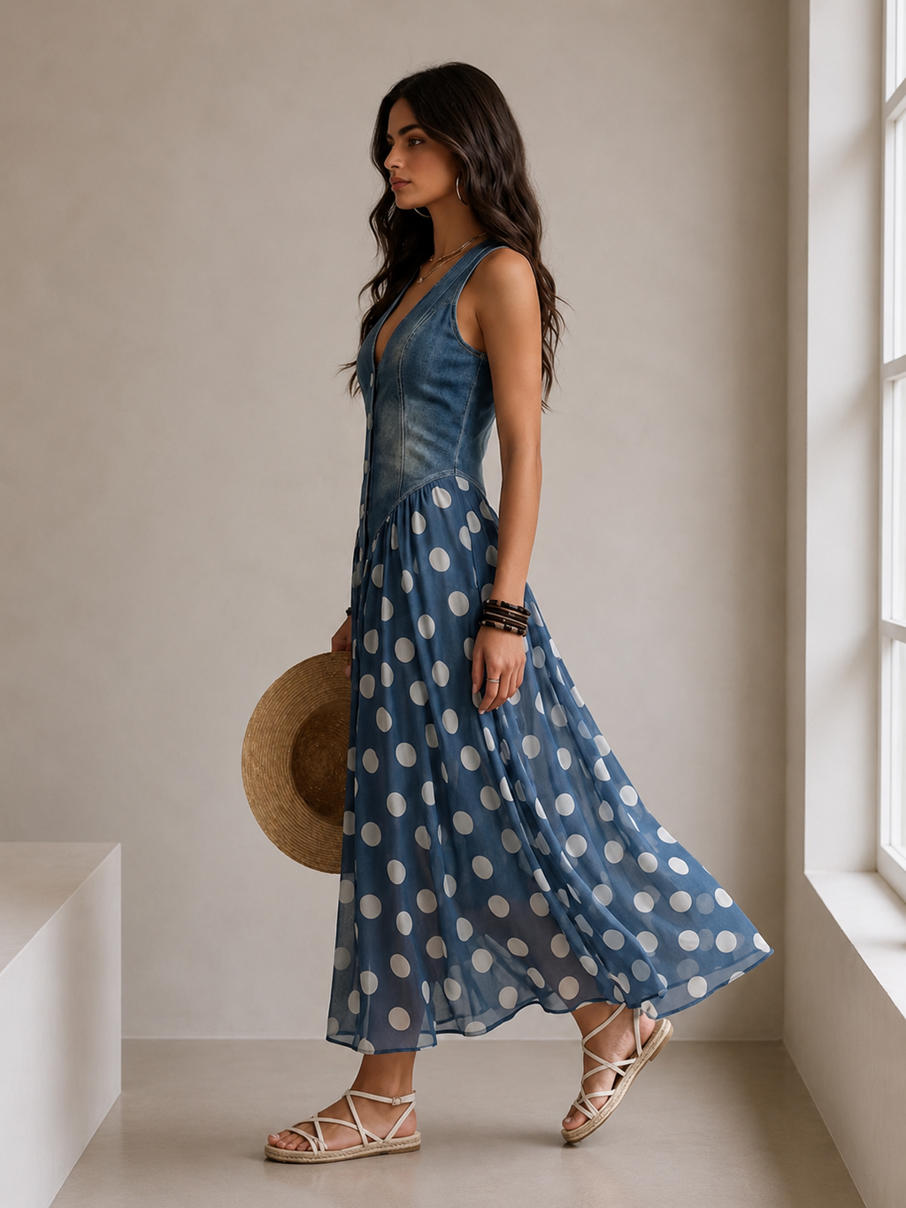 JASMIN - VESTIDO DENIM CON FALDA DE CHIFÓN DE LUNARES