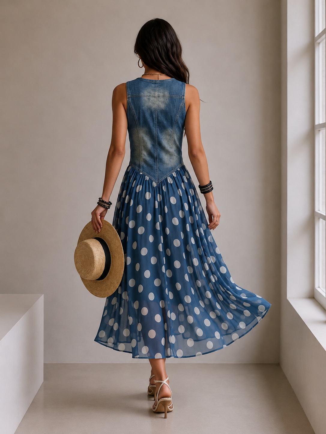 JASMIN - VESTIDO DENIM CON FALDA DE CHIFÓN DE LUNARES