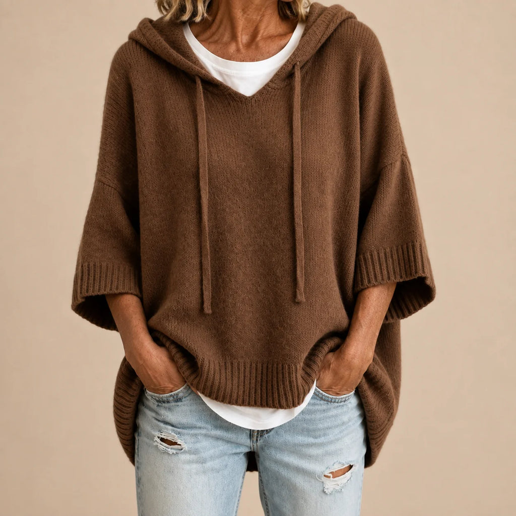 OTTAVIA | PONCHO DE PUNTO CON CAPUCHA Y MANGA TRES CUARTOS