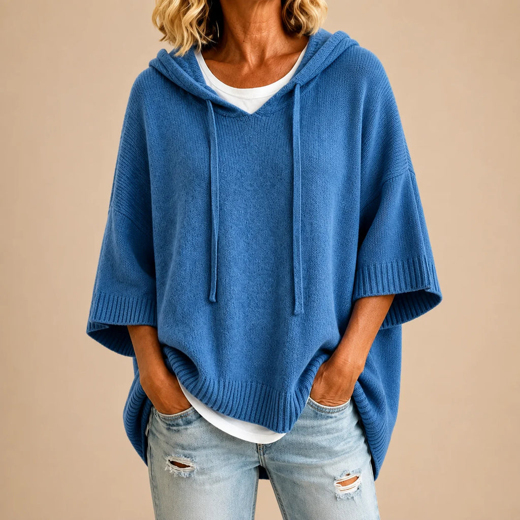 OTTAVIA | PONCHO DE PUNTO CON CAPUCHA Y MANGA TRES CUARTOS