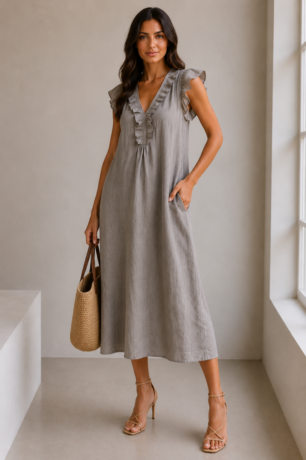 SIENA | ELEGANTE VESTIDO LARGO CON VOLANTES Y ESCOTE EN V